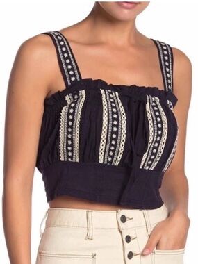Free People Hill Top Crop Tank Navy Combo Boho Knit Cropped Top NWT